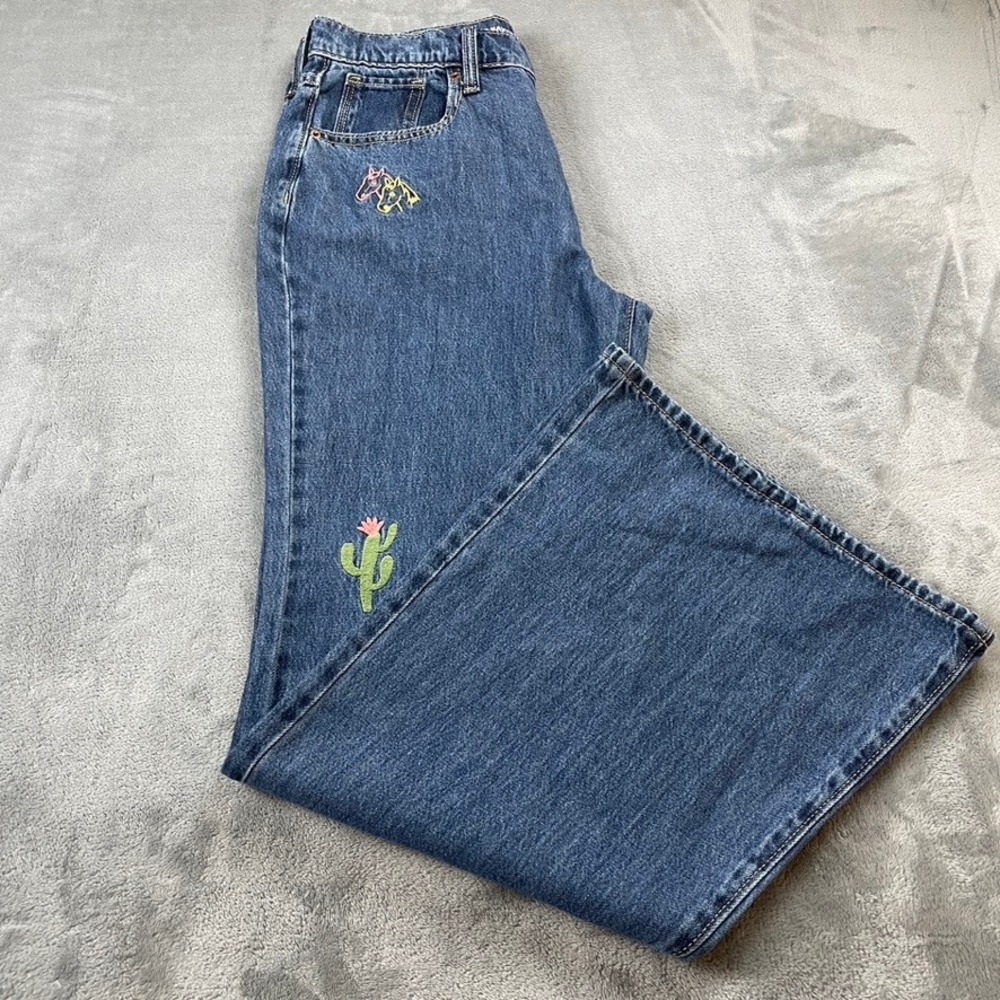 Old Navy Women's 16 Plus High Rise Baggy Flare Embroidered Western Jeans Blue